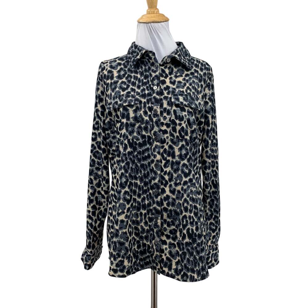 BCBGMaxazria Shirt Womens M Medium Tan Black Leopard Print Button Front Pockets